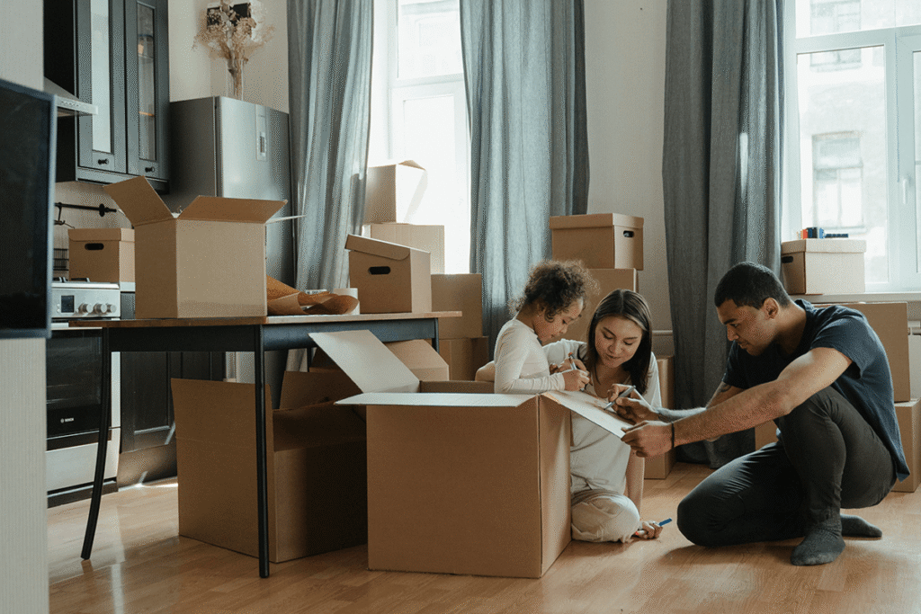 family unpacking a new home